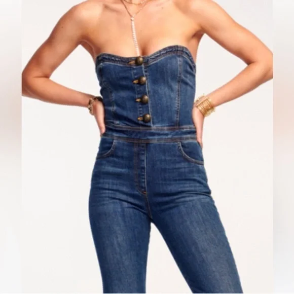 RAMY BROOK***Colette Blue Strapless Jumpsuit Denim Jeans****Size 27 $400 - Picture 2 of 4